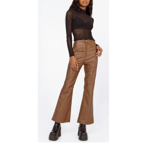 Princess Polly Pants 4 Harvey Faux Leather Lace Up High Rise Brown Flare NEW - Picture 1 of 10